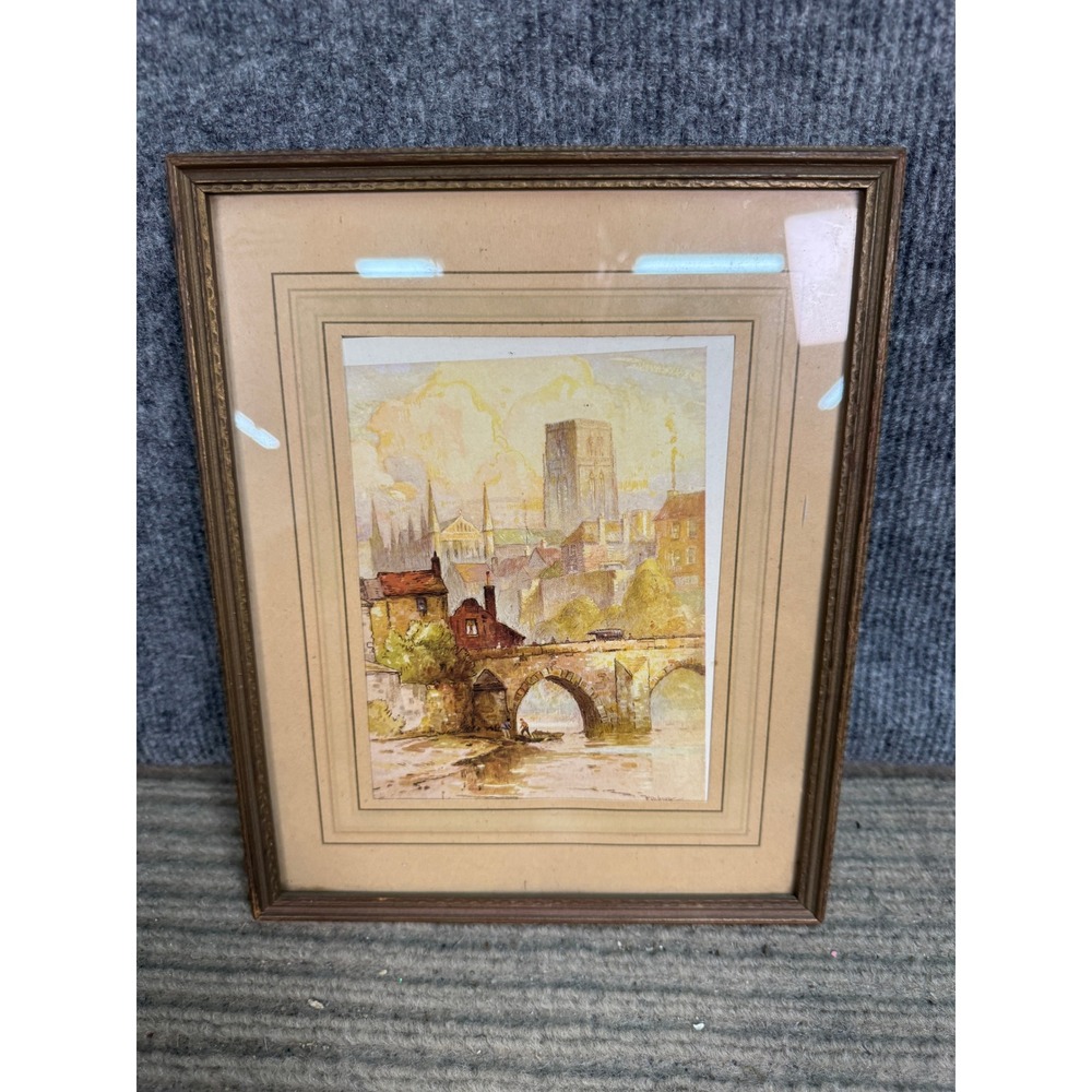 F Robson Vintage Watercolor Painting Framed European City Bridge Cathedral Art